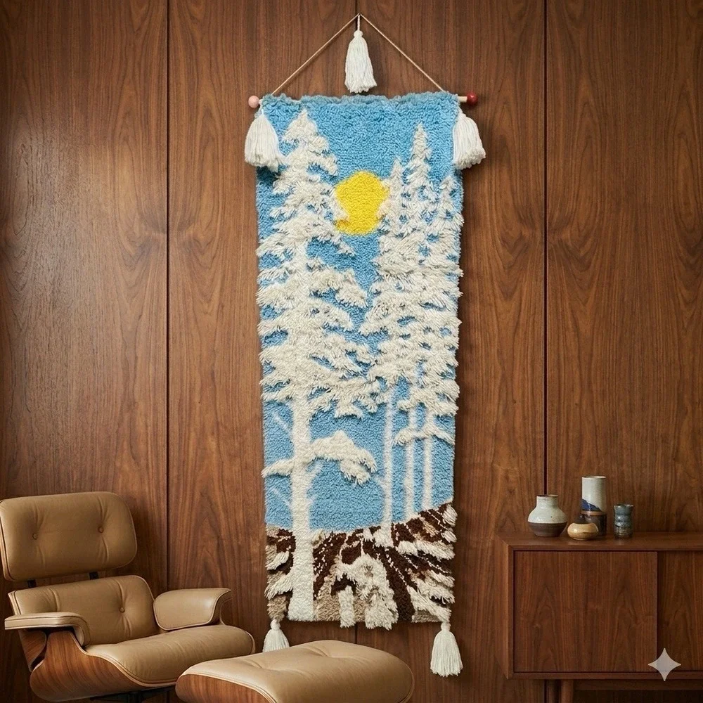 Large 6' MCM 70s‎ 3D Shag Latch Hook Wall Hanging Sun Trees Landscape Snow Retro